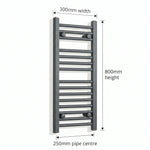800 mm High x 300 mm Wide Flat Black Heated Towel Radiator
