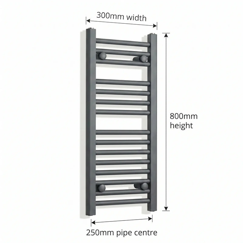 800 mm High x 300 mm Wide Flat Black Heated Towel Radiator