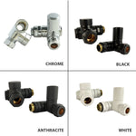 Four different colored plumbing valves displayed in a grid with labels for chrome, black, anthracite, and white.