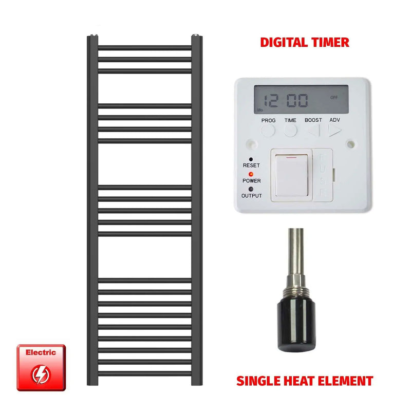 1200x400mm Flat Black Pre Filled Electric Towel Rail Radiator
