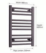 600mm High x 400mm Wide Heated Towel Radiator Flat Black