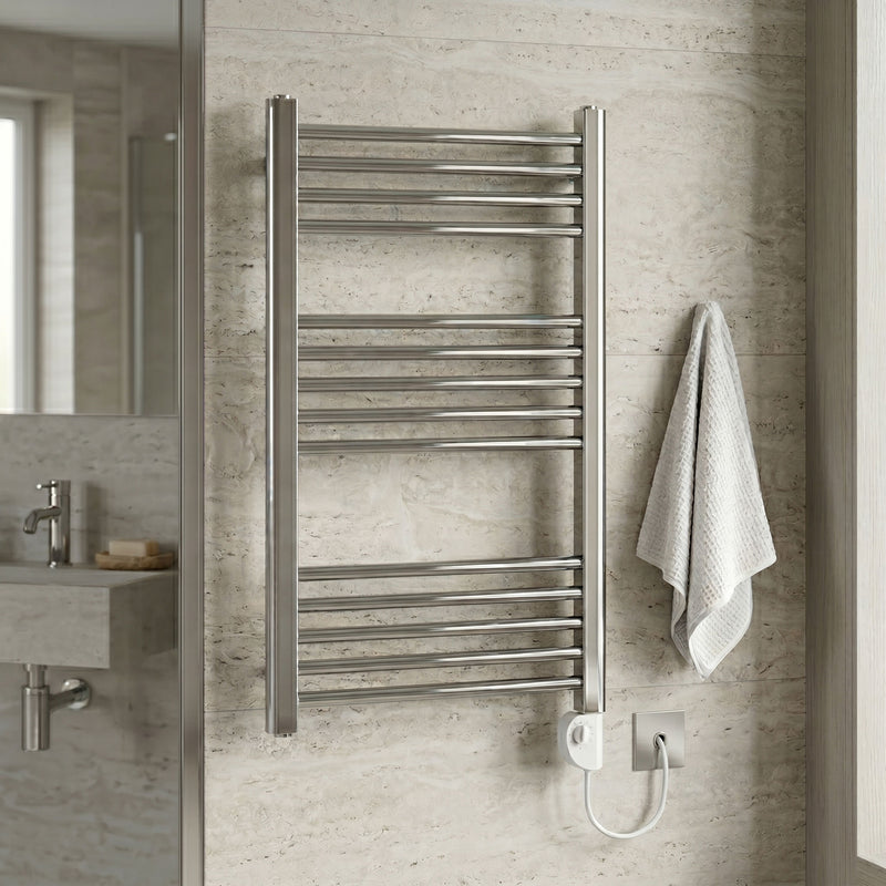 Metal towel rack mounted on a bathroom wall with a towel hanging on it.