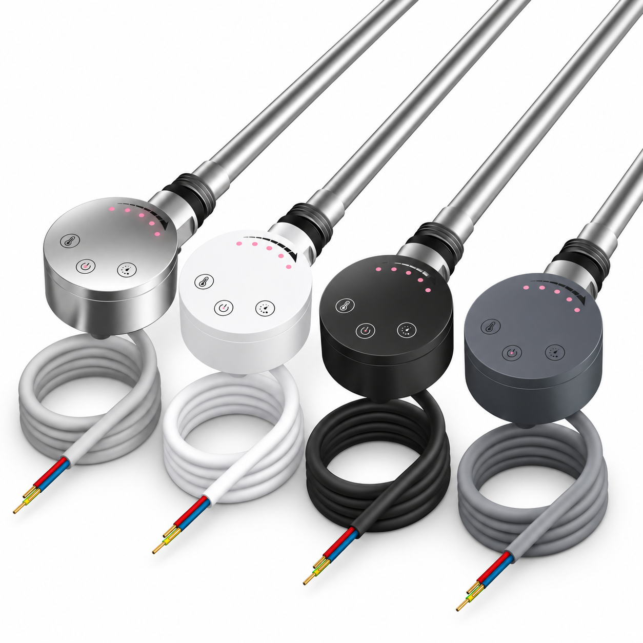 ER-Touch thermostatic heating elements in Chrome, White, Black and Anthracite finishes