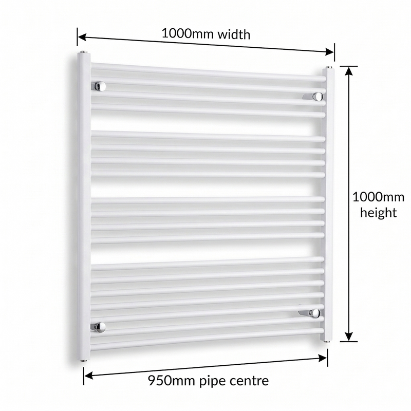 White heated towel rail dimensions — 1000mm x 1000mm — matt white ladder radiator size guide | Elegant Radiators UK