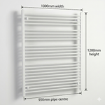 White heated towel rail dimensions — 1000mm x 1200mm — matt white ladder radiator size guide | Elegant Radiators UK