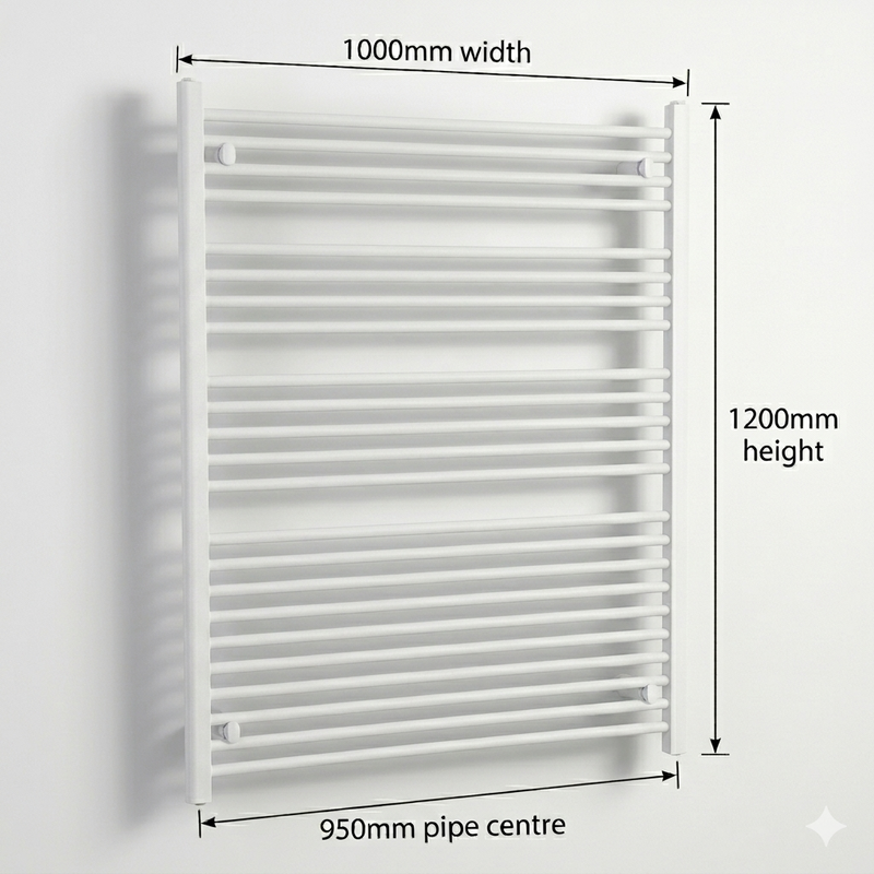 White heated towel rail dimensions — 1000mm x 1200mm — matt white ladder radiator size guide | Elegant Radiators UK