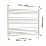 White heated towel rail dimensions — 1000mm x 800mm — matt white ladder radiator size guide | Elegant Radiators UK