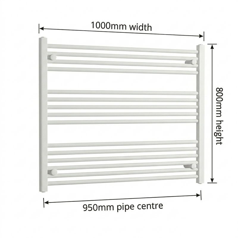 White heated towel rail dimensions — 1000mm x 800mm — matt white ladder radiator size guide | Elegant Radiators UK