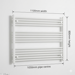 White heated towel rail dimensions — 1100mm x 800mm — matt white ladder radiator size guide | Elegant Radiators UK