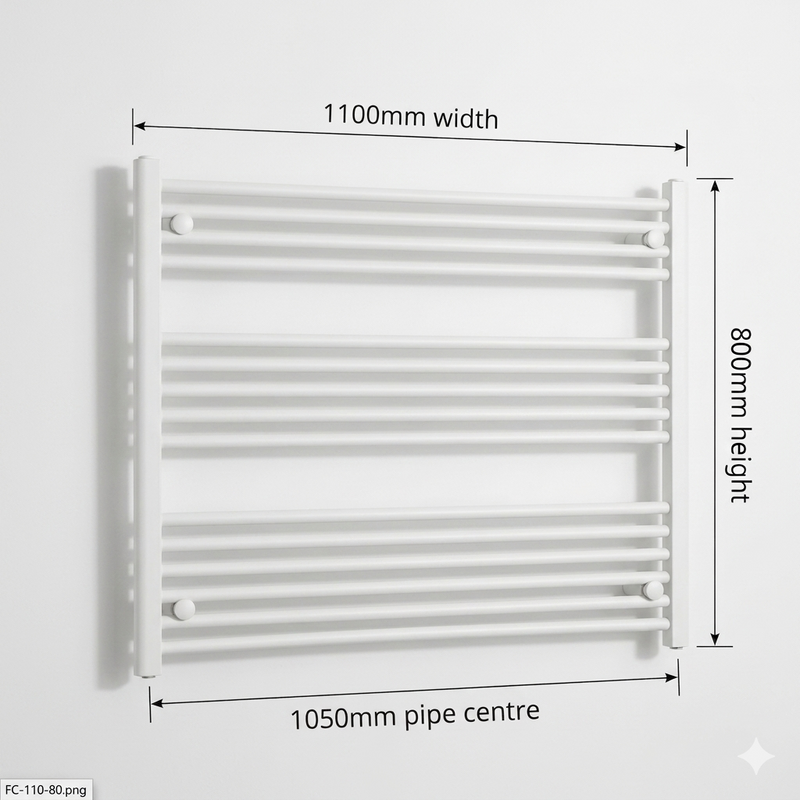 White heated towel rail dimensions — 1100mm x 800mm — matt white ladder radiator size guide | Elegant Radiators UK