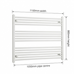 White heated towel rail dimensions — 1100mm x 800mm — matt white ladder radiator size guide | Elegant Radiators UK