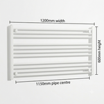 White heated towel rail dimensions — 1200mm x 600mm — matt white ladder radiator size guide | Elegant Radiators UK
