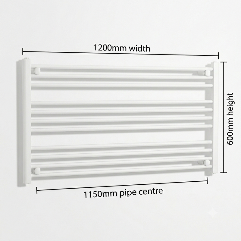 White heated towel rail dimensions — 1200mm x 600mm — matt white ladder radiator size guide | Elegant Radiators UK