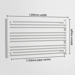 White heated towel rail dimensions — 1200mm x 600mm — matt white ladder radiator size guide | Elegant Radiators UK