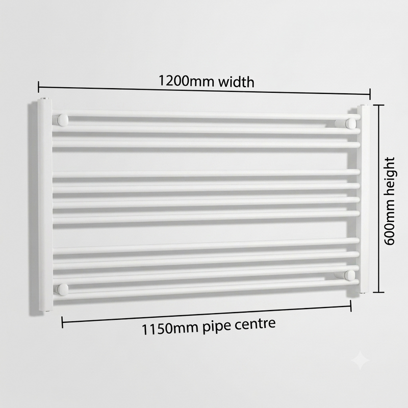 White heated towel rail dimensions — 1200mm x 600mm — matt white ladder radiator size guide | Elegant Radiators UK