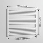 White heated towel rail dimensions — 1200mm x 800mm — matt white ladder radiator size guide | Elegant Radiators UK