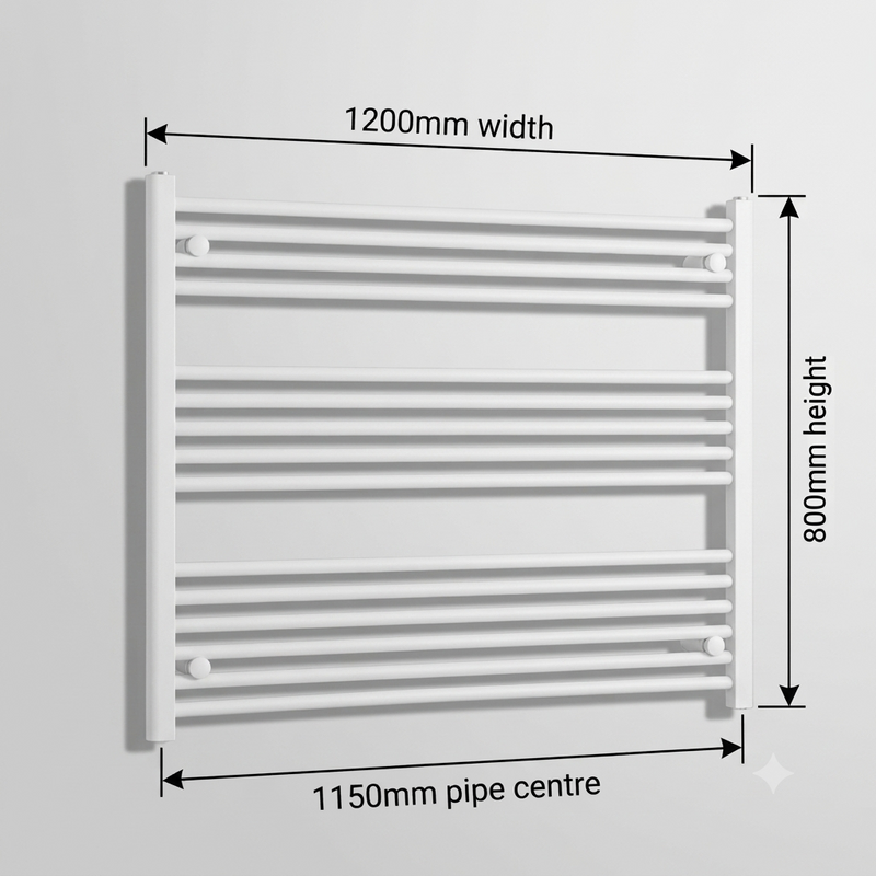 White heated towel rail dimensions — 1200mm x 800mm — matt white ladder radiator size guide | Elegant Radiators UK