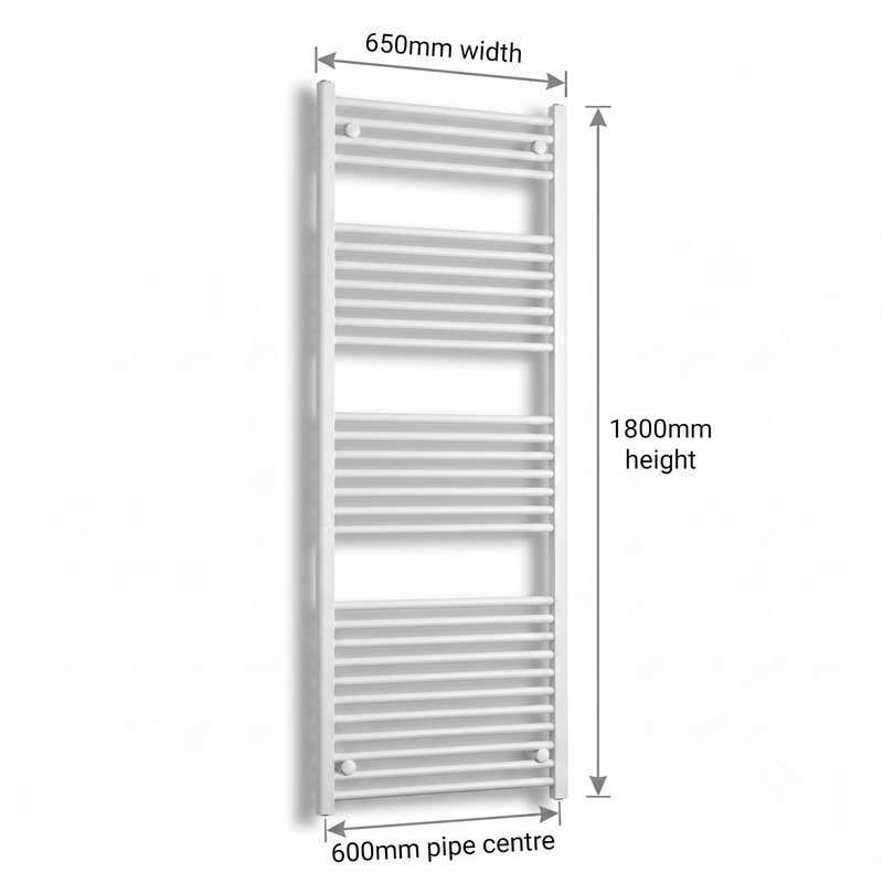White heated towel rail dimensions — 650mm x 1800mm — matt white ladder radiator size guide | Elegant Radiators UK