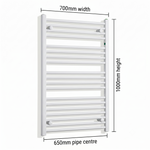 White heated towel rail dimensions — 700mm x 1000mm — matt white ladder radiator size guide | Elegant Radiators UK