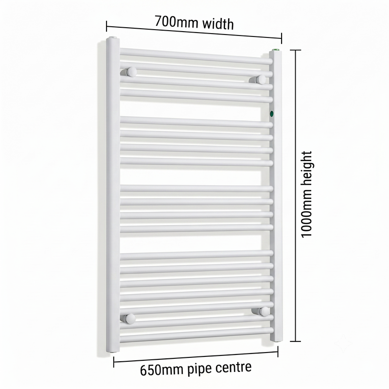 White heated towel rail dimensions — 700mm x 1000mm — matt white ladder radiator size guide | Elegant Radiators UK