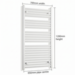 White heated towel rail dimensions — 700mm x 1200mm — matt white ladder radiator size guide | Elegant Radiators UK