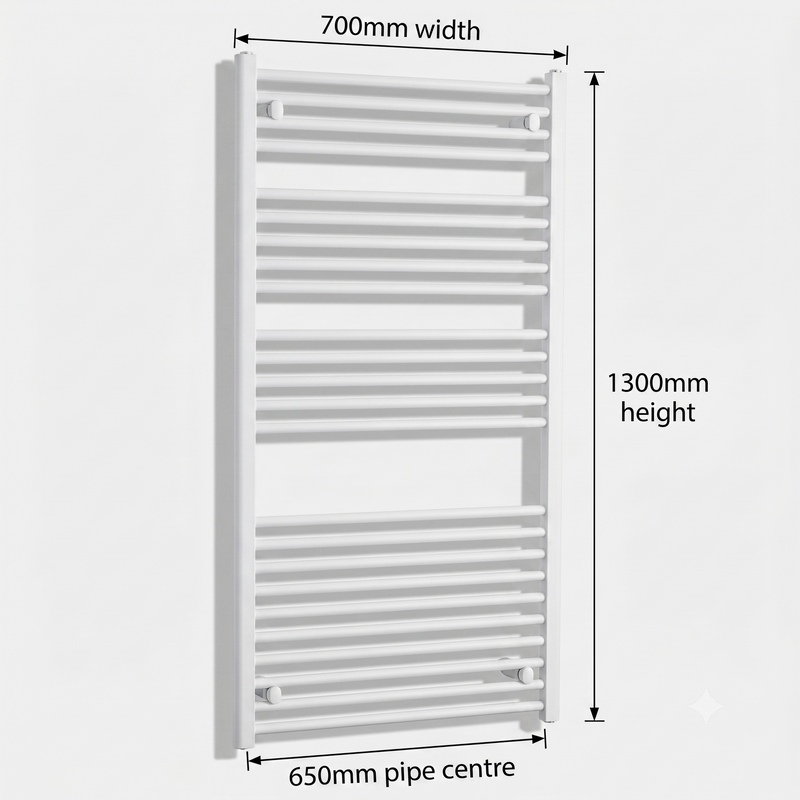 White heated towel rail dimensions — 700mm x 1300mm — matt white ladder radiator size guide | Elegant Radiators UK