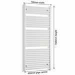 White heated towel rail dimensions — 700mm x 1500mm — matt white ladder radiator size guide | Elegant Radiators UK