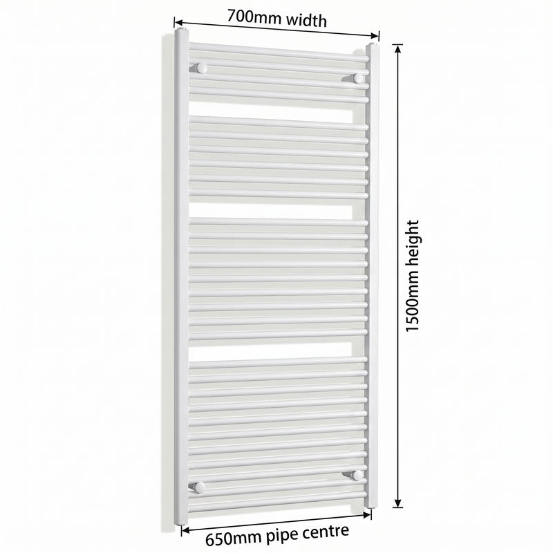 White heated towel rail dimensions — 700mm x 1500mm — matt white ladder radiator size guide | Elegant Radiators UK