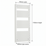 White heated towel rail dimensions — 700mm x 1700mm — matt white ladder radiator size guide | Elegant Radiators UK