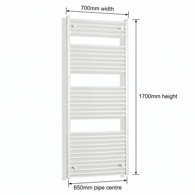White heated towel rail dimensions — 700mm x 1700mm — matt white ladder radiator size guide | Elegant Radiators UK