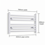 White heated towel rail dimensions — 700mm x 400mm — matt white ladder radiator size guide | Elegant Radiators UK