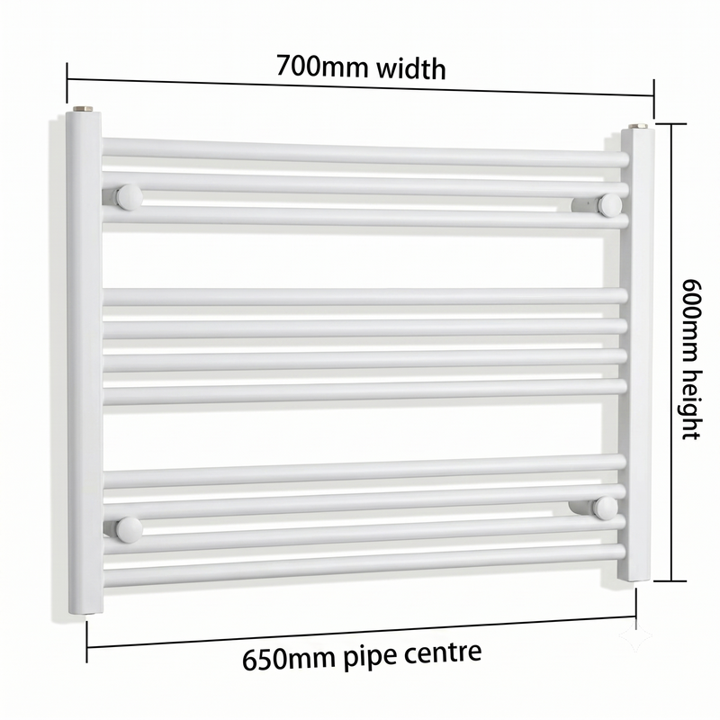 White heated towel rail dimensions — 700mm x 600mm — matt white ladder radiator size guide | Elegant Radiators UK