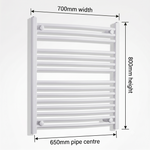 White heated towel rail dimensions — 700mm x 800mm — matt white ladder radiator size guide | Elegant Radiators UK