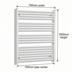 White heated towel rail dimensions — 750mm x 1000mm — matt white ladder radiator size guide | Elegant Radiators UK