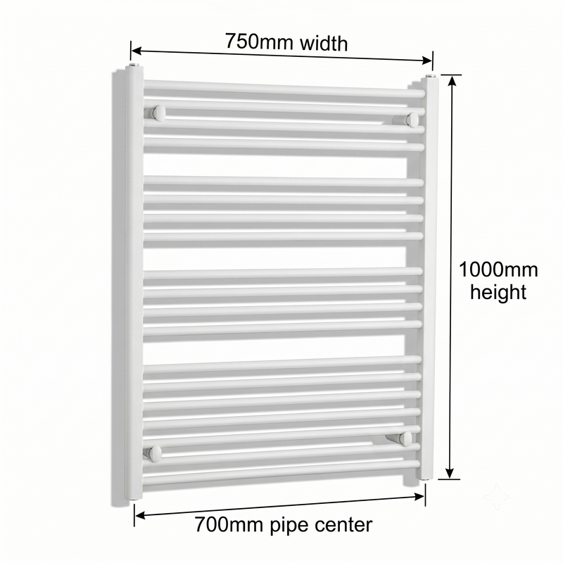 White heated towel rail dimensions — 750mm x 1000mm — matt white ladder radiator size guide | Elegant Radiators UK