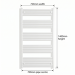 White heated towel rail dimensions — 750mm x 1400mm — matt white ladder radiator size guide | Elegant Radiators UK