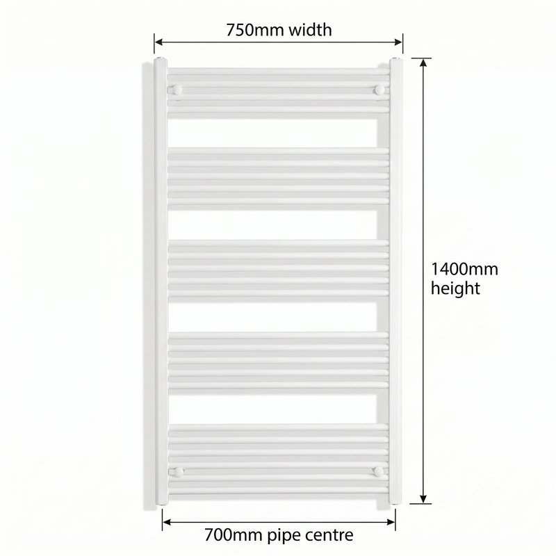 White heated towel rail dimensions — 750mm x 1400mm — matt white ladder radiator size guide | Elegant Radiators UK