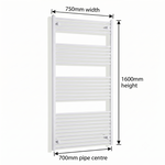 White heated towel rail dimensions — 750mm x 1600mm — matt white ladder radiator size guide | Elegant Radiators UK