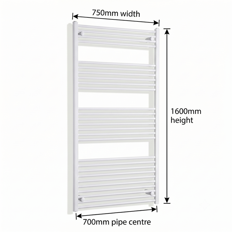 White heated towel rail dimensions — 750mm x 1600mm — matt white ladder radiator size guide | Elegant Radiators UK