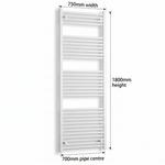White heated towel rail dimensions — 750mm x 1800mm — matt white ladder radiator size guide | Elegant Radiators UK
