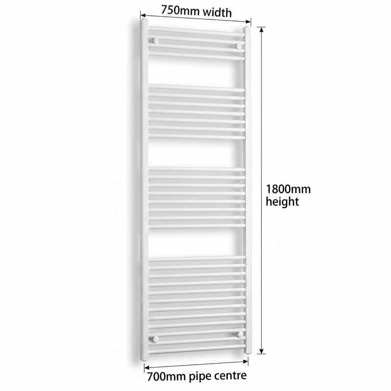 White heated towel rail dimensions — 750mm x 1800mm — matt white ladder radiator size guide | Elegant Radiators UK