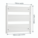 White heated towel rail dimensions — 750mm x 800mm — matt white ladder radiator size guide | Elegant Radiators UK
