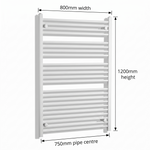 White heated towel rail dimensions — 800mm x 1200mm — matt white ladder radiator size guide | Elegant Radiators UK