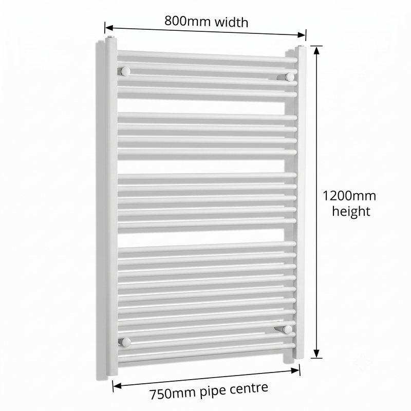 White heated towel rail dimensions — 800mm x 1200mm — matt white ladder radiator size guide | Elegant Radiators UK