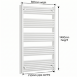 White heated towel rail dimensions — 800mm x 1400mm — matt white ladder radiator size guide | Elegant Radiators UK