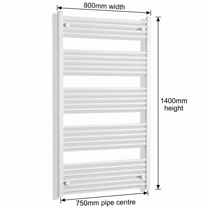 White heated towel rail dimensions — 800mm x 1400mm — matt white ladder radiator size guide | Elegant Radiators UK