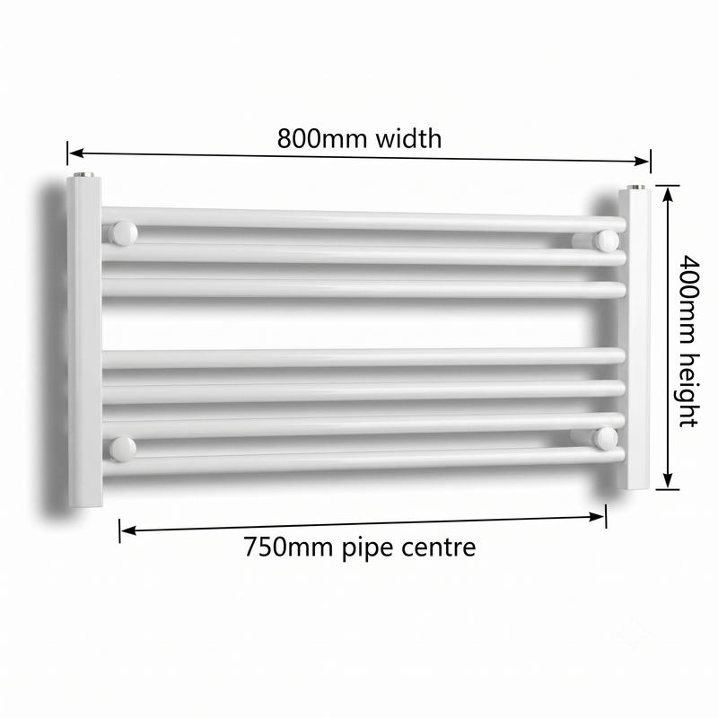 White heated towel rail dimensions — 800mm x 400mm — matt white ladder radiator size guide | Elegant Radiators UK