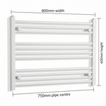 White heated towel rail dimensions — 800mm x 600mm — matt white ladder radiator size guide | Elegant Radiators UK