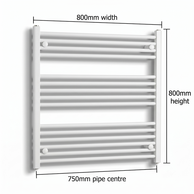 White heated towel rail dimensions — 800mm x 800mm — matt white ladder radiator size guide | Elegant Radiators UK