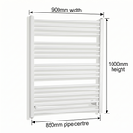White heated towel rail dimensions — 900mm x 1000mm — matt white ladder radiator size guide | Elegant Radiators UK